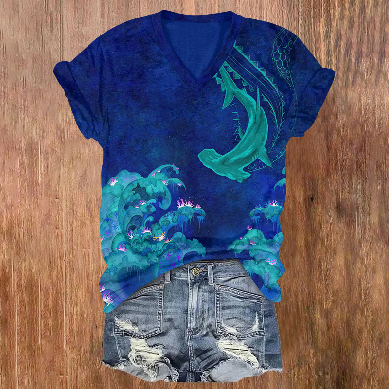 Ocean World Whale Print Art Short Sleeved V-neck T-shirt - Dark Blue - US32-34(5XL) - image 1