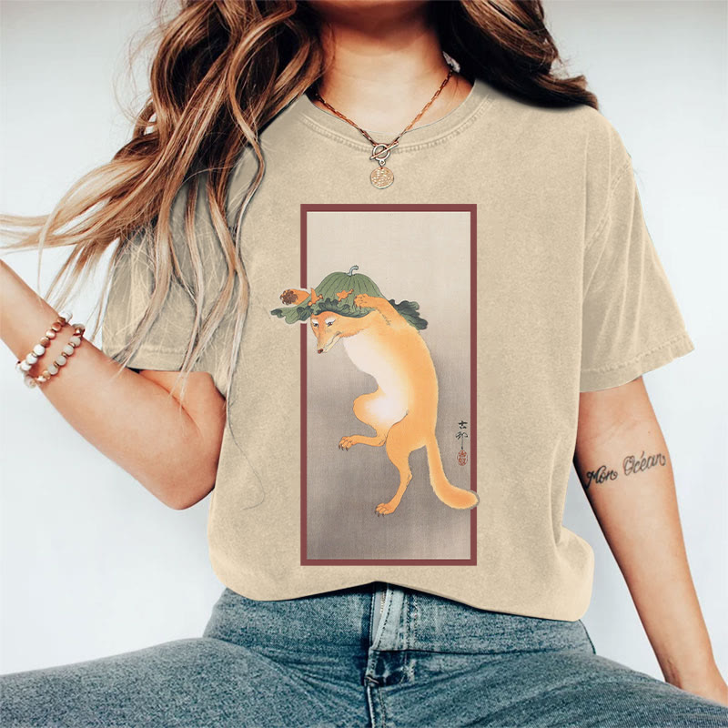 Japanese Retro Funny A Dancing Fox Pattern Art Print Acid Washed T-shirt - Apricot - US20-22(3XL) - image 2
