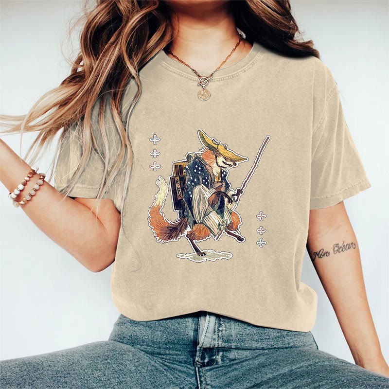 Japanese Vintage Fox Scholar Pattern Art Print Acid Washed T-shirt - Apricot - US20-22(3XL) - image 2
