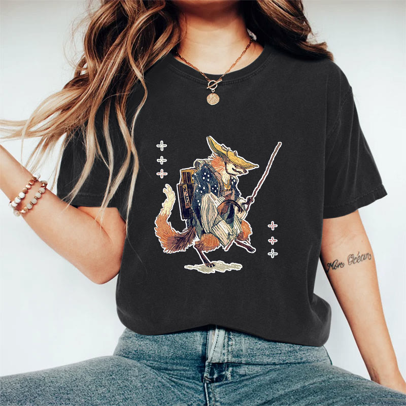 Japanese Vintage Fox Scholar Pattern Art Print Acid Washed T-shirt - Black - US20-22(3XL) - image 1