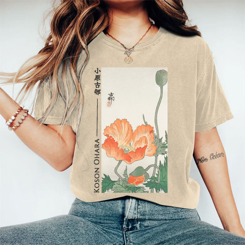 Japanese Vintage Tanigami Konan Poppies Pattern Art Print Acid Washed T-shirt - Apricot - US20-22(3XL) - image 2