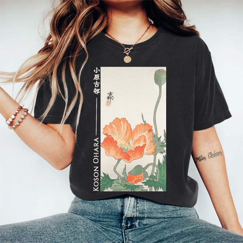 Japanese Vintage Tanigami Konan Poppies Pattern Art Print Acid Washed T-shirt - Black - US20-22(3XL) - image 1