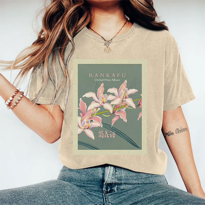 Japanese Masterpiece Orchid Woodblock Pattern Art Print Acid Washed T-shirt - Apricot - US20-22(3XL) - image 2