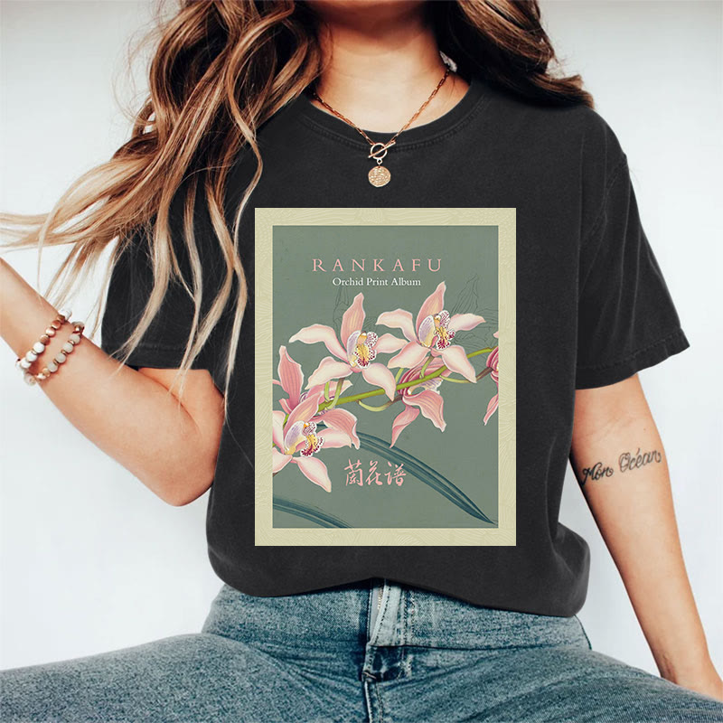 Japanese Masterpiece Orchid Woodblock Pattern Art Print Acid Washed T-shirt - Black - US20-22(3XL) - image 1