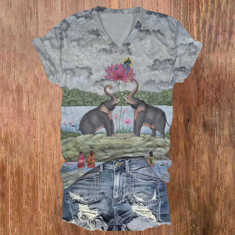 Elephant Lotus Art Print Short Sleeved V-neck T-shirt - Grey - US32-34(5XL) - image 1