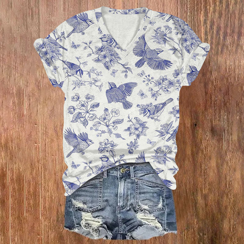 Floral And Bird Art Print Short Sleeved V-neck T-shirt - White - US32-34(5XL) - image 1