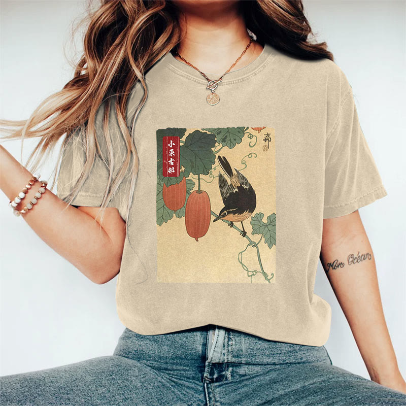 Japanese Vintage Bird And Persimmon Pattern Art Print Acid Washed T-shirt - Apricot - US20-22(3XL) - image 2