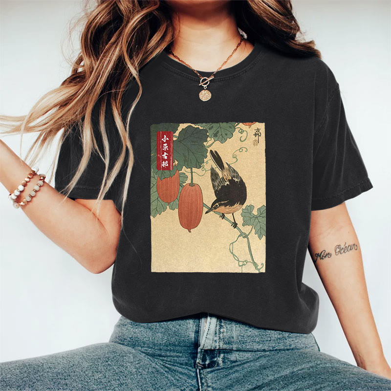 Japanese Vintage Bird And Persimmon Pattern Art Print Acid Washed T-shirt - Black - US20-22(3XL) - image 1