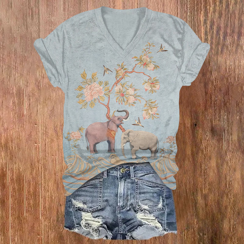 Artistic Elephant Graphic Print Short Sleeved V-neck T-shirt - Grey - US32-34(5XL) - image 1