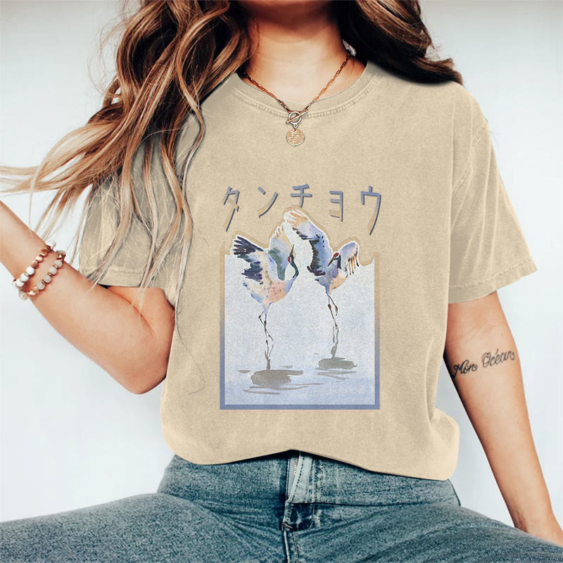 Japanese Vintage Two Cranes Pattern Art Print Acid Washed T-shirt - Apricot - US20-22(3XL) - image 2