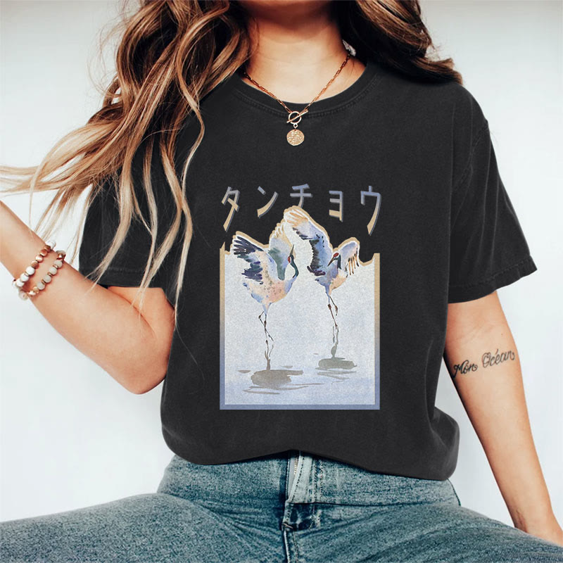 Japanese Vintage Two Cranes Pattern Art Print Acid Washed T-shirt - Black - US20-22(3XL) - image 1