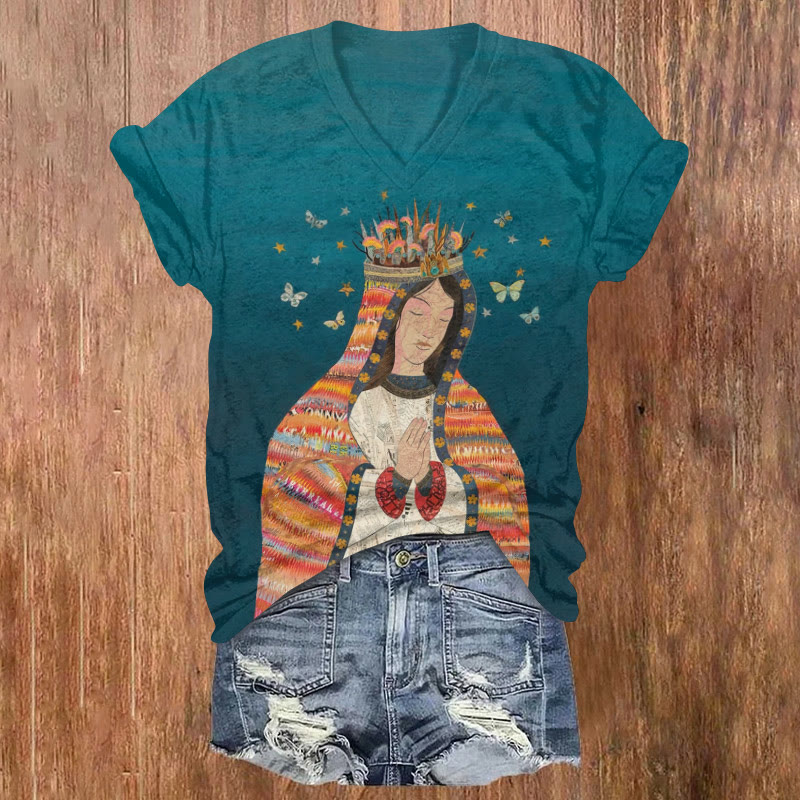 Peaceful Goddess Print Short Sleeved V-neck T-shirt - Blue - US32-34(5XL) - image 1