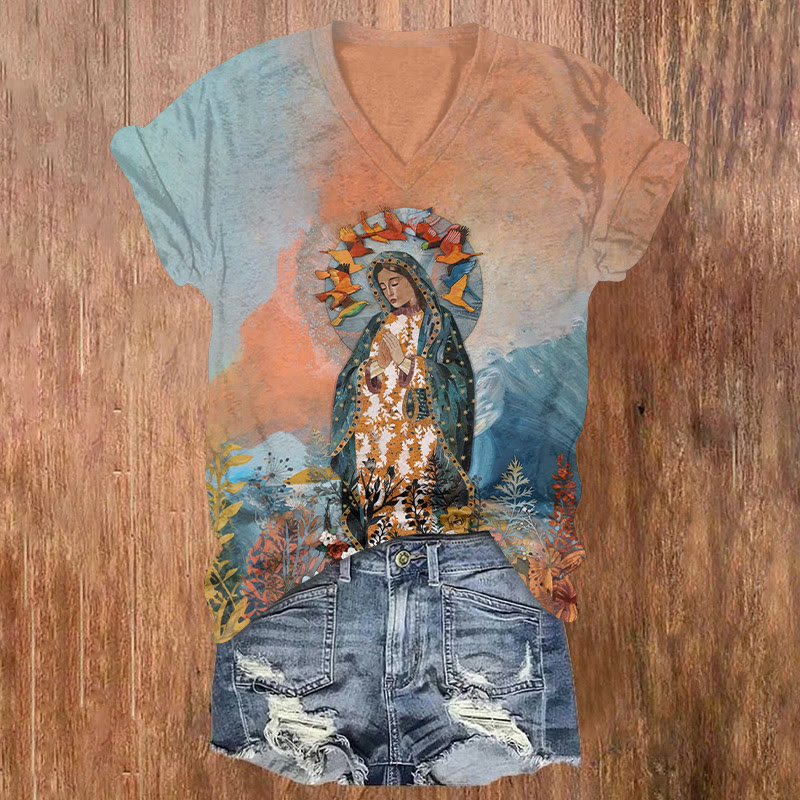 Lady Of Guadalupe Print Short Sleeved V-neck T-shirt - Orange - US32-34(5XL) - image 1