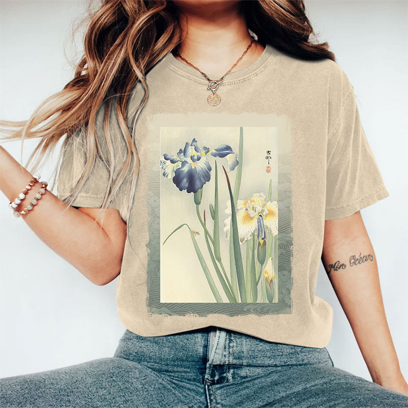 Japanese Vintage Irises Pattern Art Print Acid Washed T-shirt - Apricot - US20-22(3XL) - image 2
