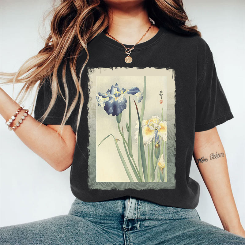 Japanese Vintage Irises Pattern Art Print Acid Washed T-shirt - Black - US20-22(3XL) - image 1