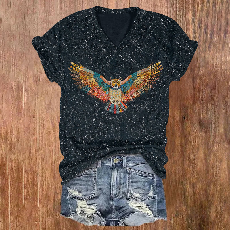 Owl Art Print Short Sleeved V-neck T-shirt - Black - US32-34(5XL) - image 1