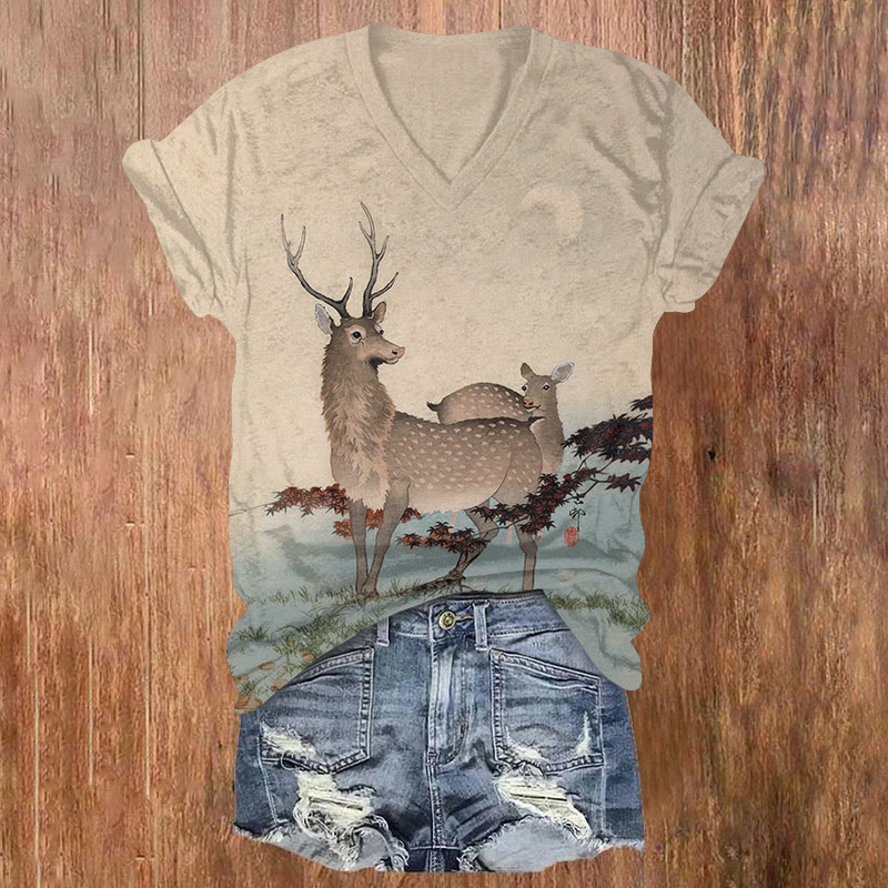 Japanese-style Deer Print Short Sleeved V-neck T-shirt - Apricot - US32-34(5XL) - image 1