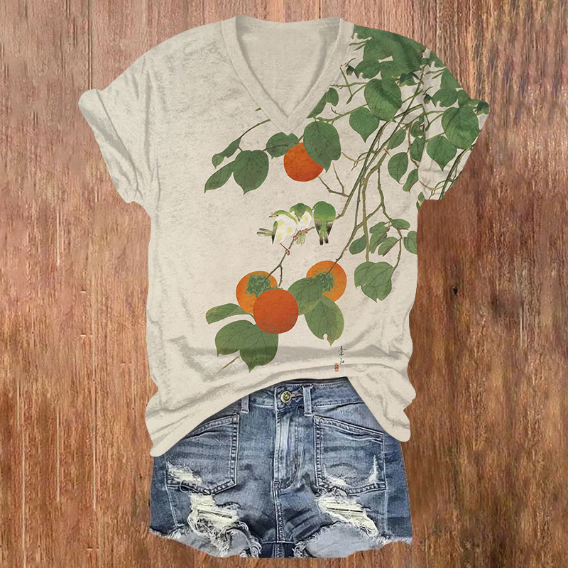Bird And Tree Branch Print Short Sleeved V-neck T-shirt - Apricot - US32-34(5XL) - image 1