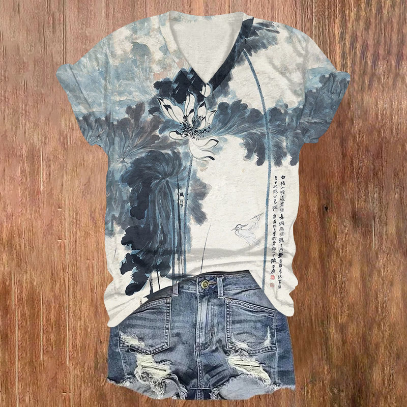 Vintage Elegant Ink Painting Lotus Art Pattern Print Short Sleeved V-neck T-shirt - Grey - US32-34(5XL) - image 2