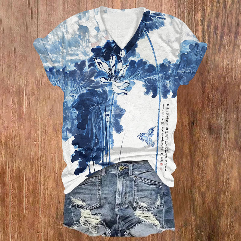 Vintage Elegant Ink Painting Lotus Art Pattern Print Short Sleeved V-neck T-shirt - Blue - US32-34(5XL) - image 1