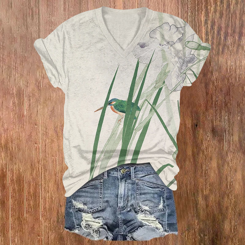 Flower And Bird Art Painting Print Short Sleeved V-neck T-shirt - Beige - US32-34(5XL) - image 1