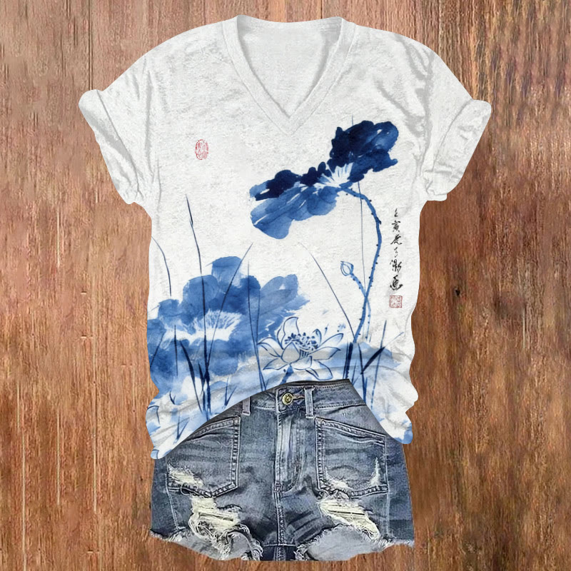 Vintage Ink Painting Pond With Lotus Art Pattern Print Short Sleeved V-neck T-shirt - Blue - US32-34(5XL) - image 1