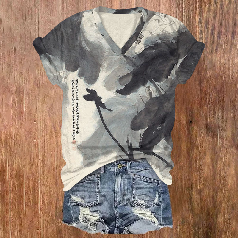 Vintage Ink Painting Of Lotus Leaves Art Pattern Print Short Sleeved V-neck T-shirt - Black - US32-34(5XL) - image 2