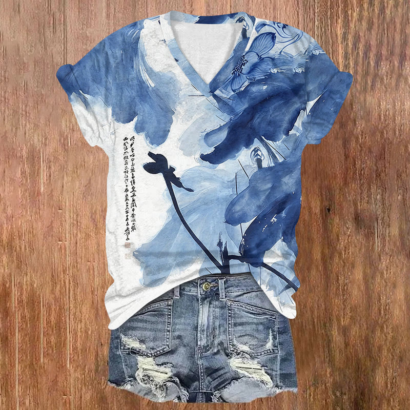 Vintage Ink Painting Of Lotus Leaves Art Pattern Print Short Sleeved V-neck T-shirt - Blue - US32-34(5XL) - image 1