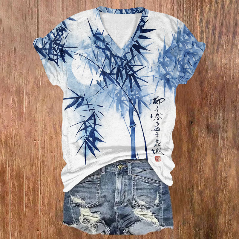 Vintage Ink Painting Of Bamboo Forest Art Pattern Print Short Sleeved V-neck T-shirt - Blue - US32-34(5XL) - image 1