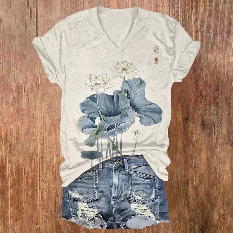 Vintage Elegant Ink Painting Of Lotus Art Pattern Print Short Sleeved V-neck T-shirt - Grey - US32-34(5XL) - image 2
