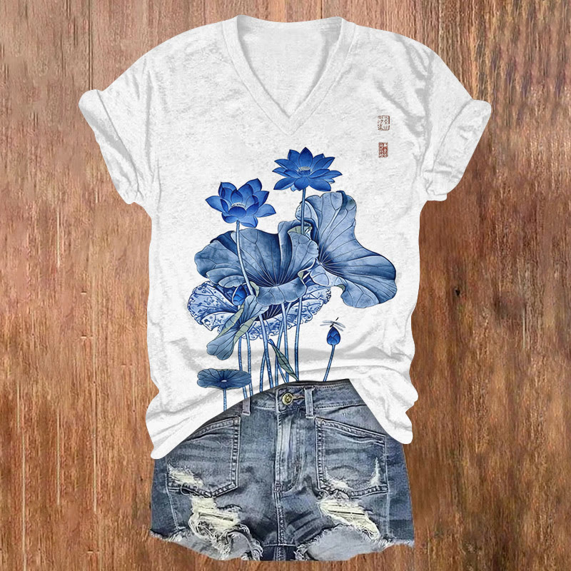 Vintage Elegant Ink Painting Of Lotus Art Pattern Print Short Sleeved V-neck T-shirt - Blue - US32-34(5XL) - image 1