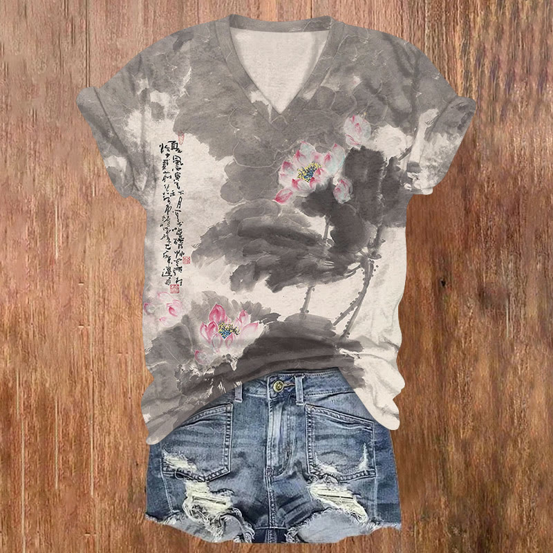 Vintage Ink Painting Of Lotus Flowers Art Pattern Print Short Sleeved V-neck T-shirt - Grey - US32-34(5XL) - image 2