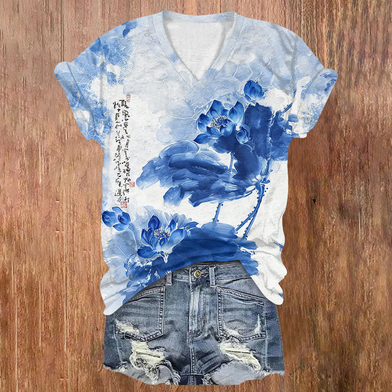 Vintage Ink Painting Of Lotus Flowers Art Pattern Print Short Sleeved V-neck T-shirt - Blue - US32-34(5XL) - image 1