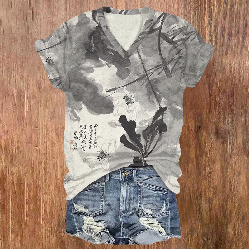 Vintage Ink Painting Leaves Covering Lotus Art Pattern Print Short Sleeved V-neck T-shirt - Grey - US32-34(5XL) - image 2