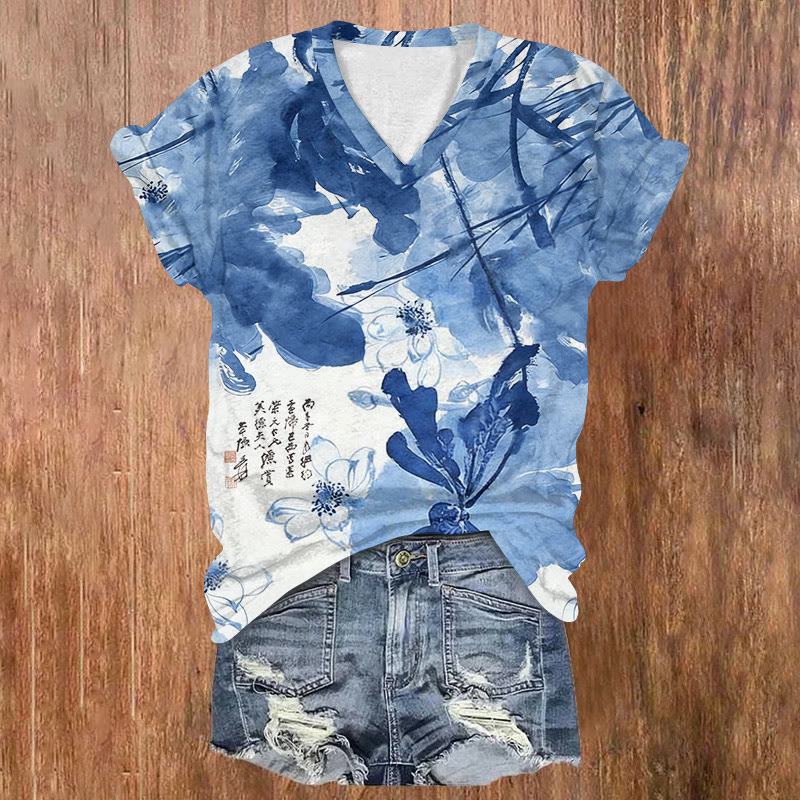 Vintage Ink Painting Leaves Covering Lotus Art Pattern Print Short Sleeved V-neck T-shirt - Blue - US32-34(5XL) - image 1