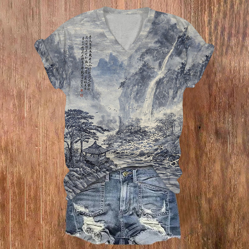 Vintage Ink Wash Landscape Painting Art Pattern Print Short Sleeved V-neck T-shirt - Grey - US32-34(5XL) - image 2