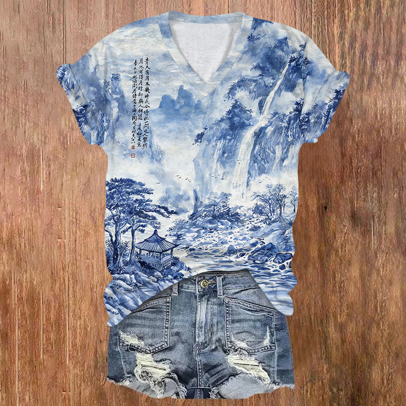 Vintage Ink Wash Landscape Painting Art Pattern Print Short Sleeved V-neck T-shirt - Blue - US32-34(5XL) - image 1