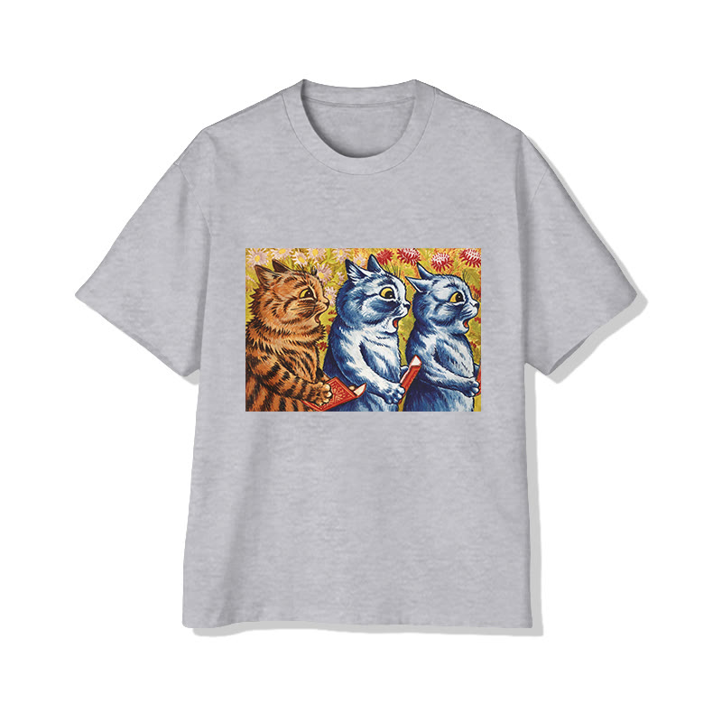 Three Cats Print Short Sleeved Crew Neck T-shirt - Grey - 2XL - image 2