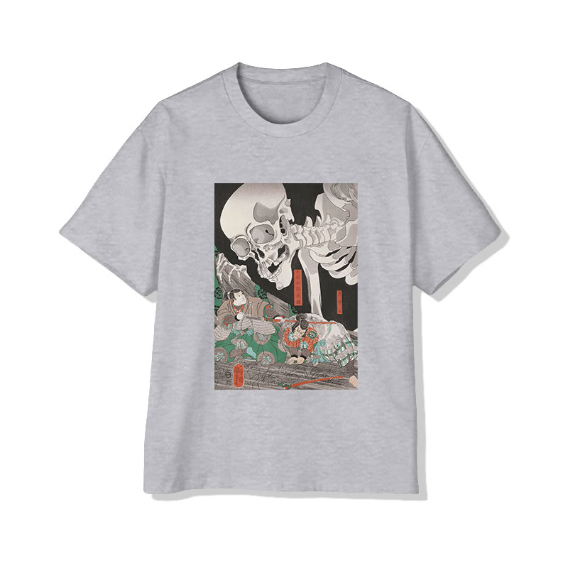 Japanese Ukiyo-e Skeleton Print Short Sleeved Crew Neck T-shirt - Grey - 2XL - image 1