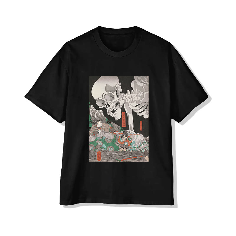 Japanese Ukiyo-e Skeleton Print Short Sleeved Crew Neck T-shirt - Black - 2XL - image 3