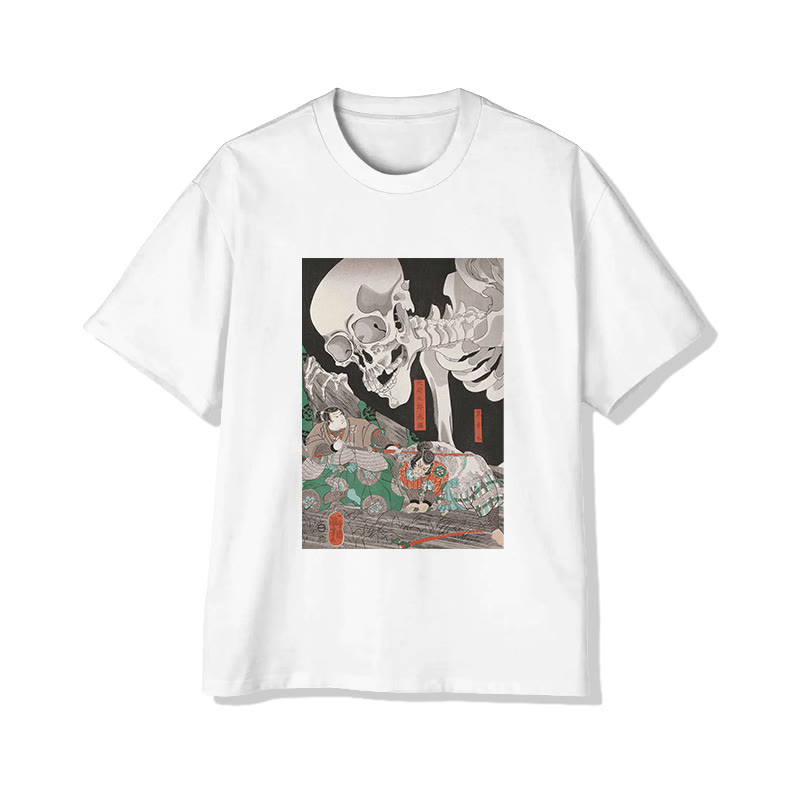 Japanese Ukiyo-e Skeleton Print Short Sleeved Crew Neck T-shirt - White - 2XL - image 2