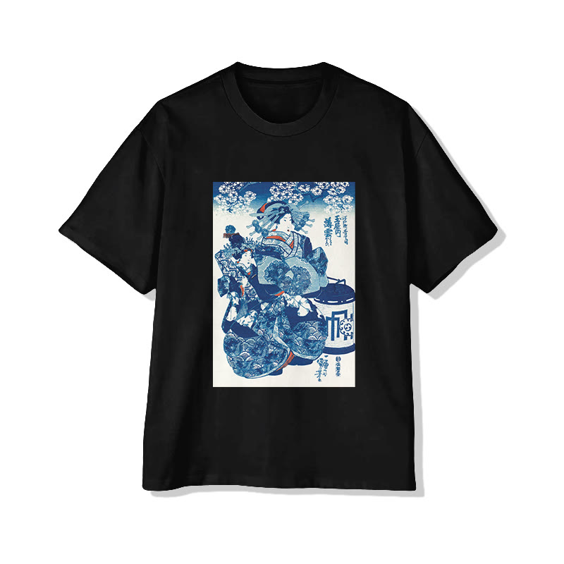 Classic Ukiyo-e Art Print Short Sleeved Crew Neck T-shirt - Black - 2XL - image 2