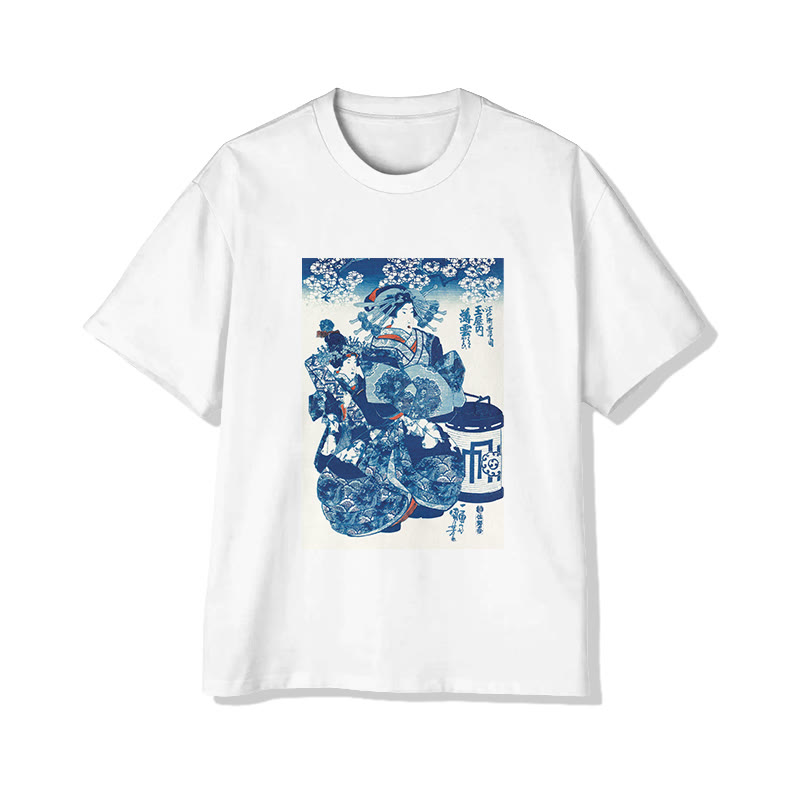 Classic Ukiyo-e Art Print Short Sleeved Crew Neck T-shirt - White - 2XL - image 1
