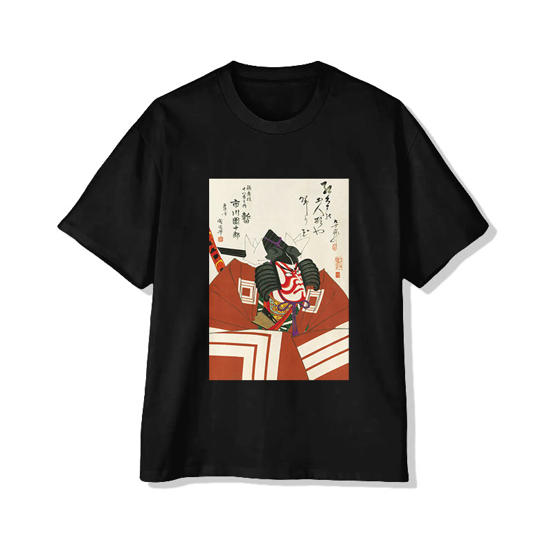 Ukiyo-e Samurai Art Print Short Sleeved Crew Neck T-shirt - Black - 2XL - image 1