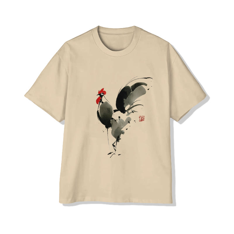 Japanese Chicken Ink Painting Art Print Short Sleeved Crew Neck T-shirt - Apricot - 2XL - image 2