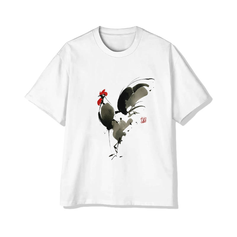 Japanese Chicken Ink Painting Art Print Short Sleeved Crew Neck T-shirt - White - 2XL - image 1