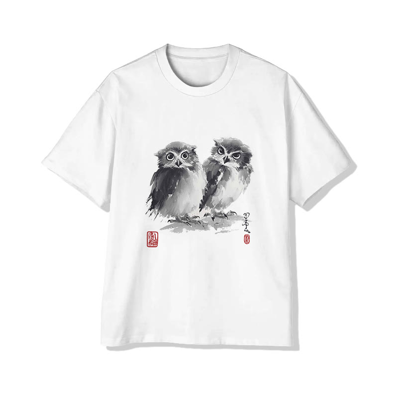 Japanese Owl Ink Painting Art Print Short Sleeved Crew Neck T-shirt - White - 2XL - image 2