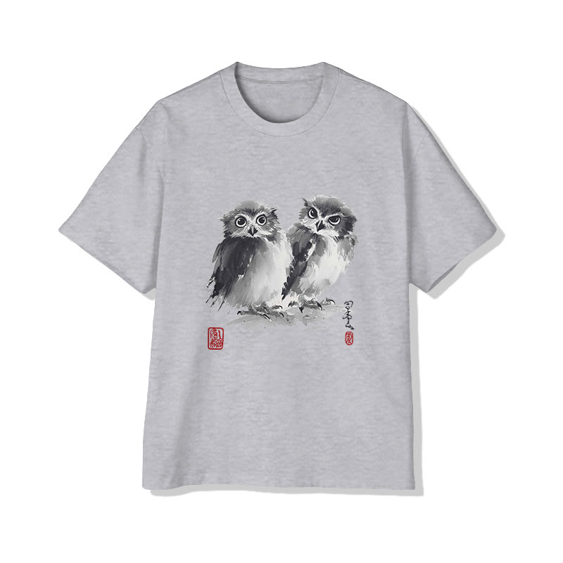 Japanese Owl Ink Painting Art Print Short Sleeved Crew Neck T-shirt - Grey - 2XL - image 1