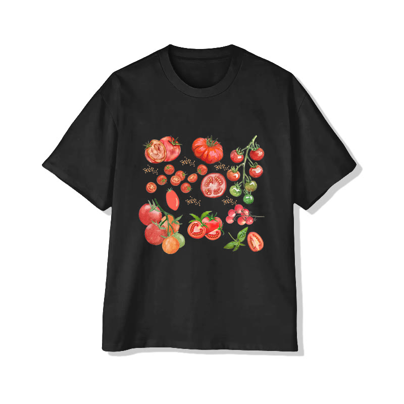 Vintage Tomato Print Pattern Cotton Print T-shirt - Black - US20-22(3XL) - image 2