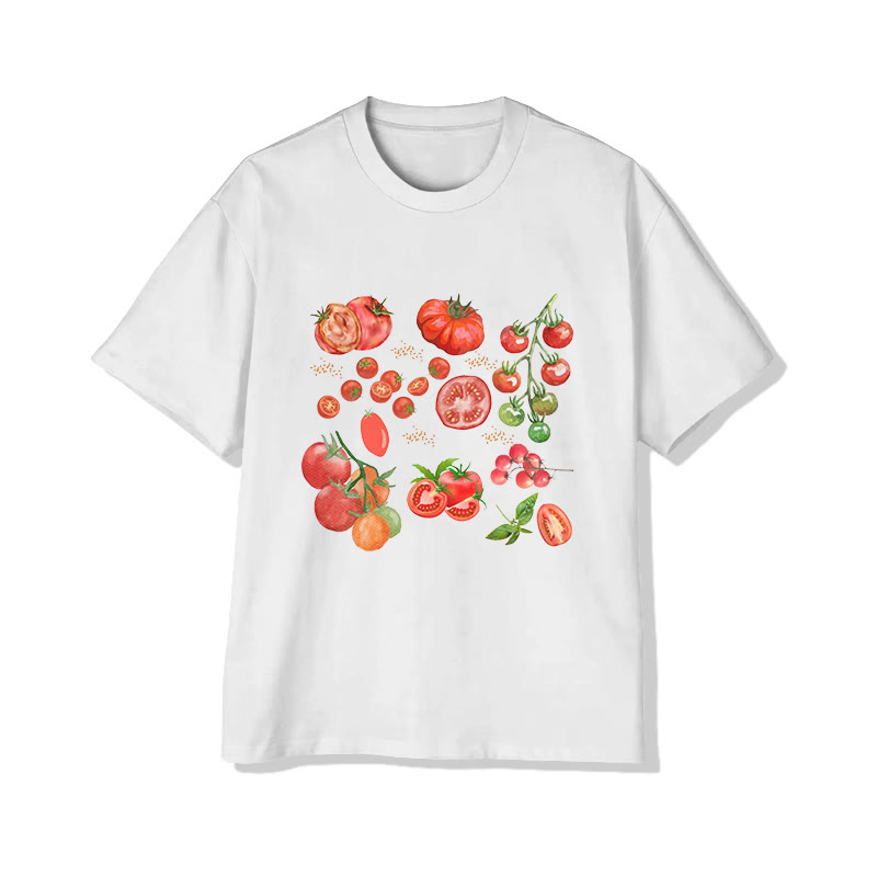 Vintage Tomato Print Pattern Cotton Print T-shirt - White - US20-22(3XL) - image 1
